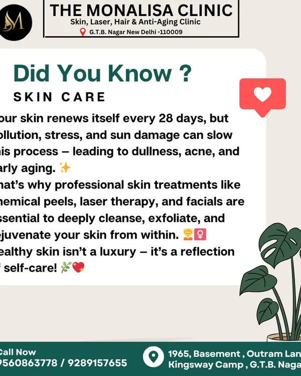 Did you know your skin renews itself every 28 days? Pollution and sun damage can slow this down, which is why professional treatments like chemical peels and laser therapy are essential for rejuvenation.