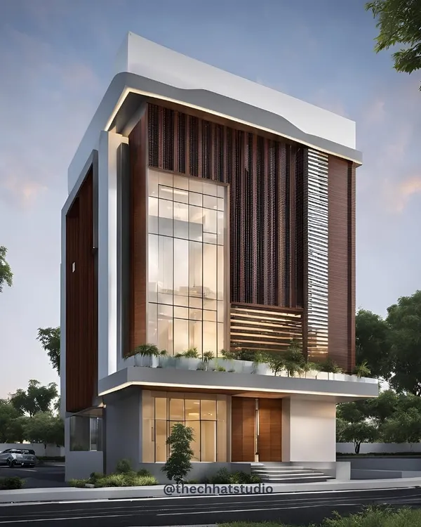 This is a 3D elevation proposal for a modern office building in Delhi. We designed the facade to be a statement piece, using a dynamic interplay of glass, wooden louvers, and clean white structural forms to create a building that is both professional and visually striking.