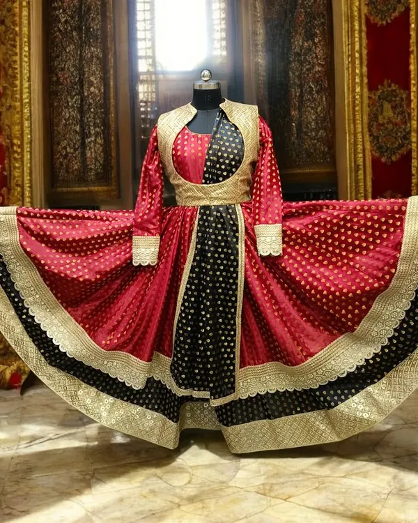 This custom Kathak anarkali, with its dramatic 12-meter flare, is designed to become a part of the performance itself. I crafted this piece to capture the essence of classical dance, ensuring the fabric moves with the dancer's every spin and expression, creating a truly breathtaking spectacle on stage.