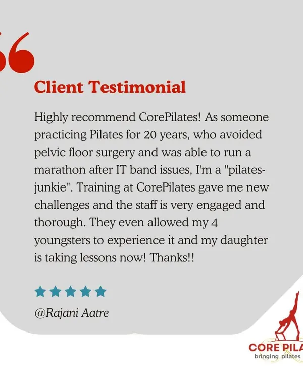 We are thrilled to provide new challenges for experienced Pilates lovers like Rajani. Thank you for trusting us with your 20-year practice and for bringing your family to experience it too.