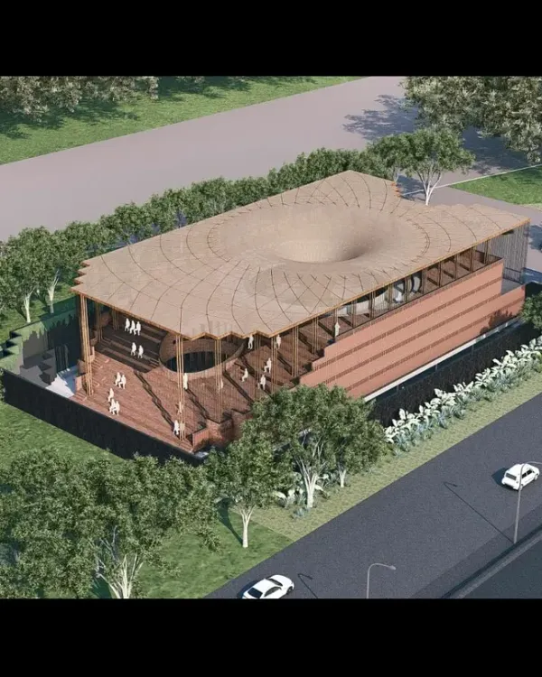 For a museum competition in Nagpur, we proposed a building as a spatial journey. This rendering shows an alternative approach with a stepped bamboo skin, representing an amphitheater and public court, creating a layered, open-ended experience.