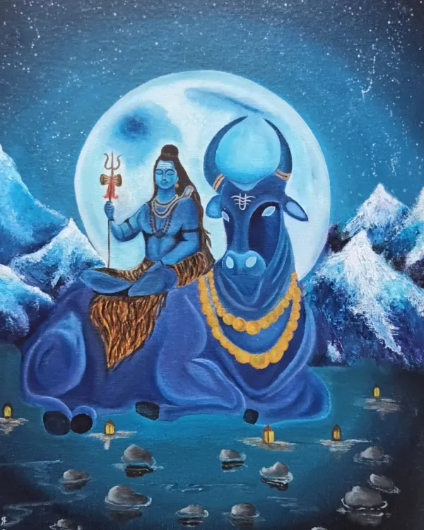 An acrylic painting on canvas of Lord Shiva and Nandi, created by my student Varsha. This piece combines spiritual themes with a vibrant, imaginative landscape.