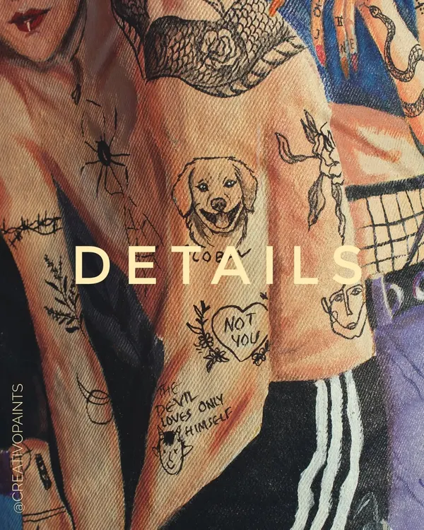 It's all in the details. A close-up of a custom hand-painted jacket, showing the intricate line work of the illustrated tattoos and designs.