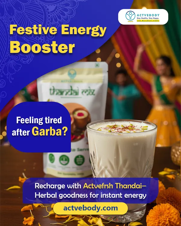 Feeling tired after Garba? This image of a refreshing glass of Thandai suggests recharging with Actvefrsh Thandai, an herbal drink that provides instant energy and vitality to keep you dancing all night.
