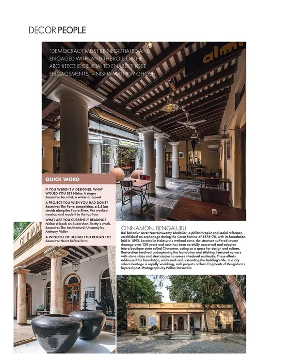 A collage from a feature on our work at the Cinnamon Store, Bangalore. It shows the exterior's preserved colonial charm and the warm, inviting interior where original pillars and a timbered ceiling create a unique atmosphere for the café and boutique.