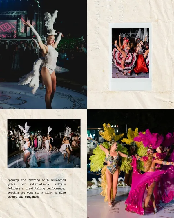 Kicking off a 25th-anniversary celebration with a bang. This collage shows international dancers in spectacular feathered costumes delivering a breathtaking performance, setting the tone for a night of luxury and glamour.