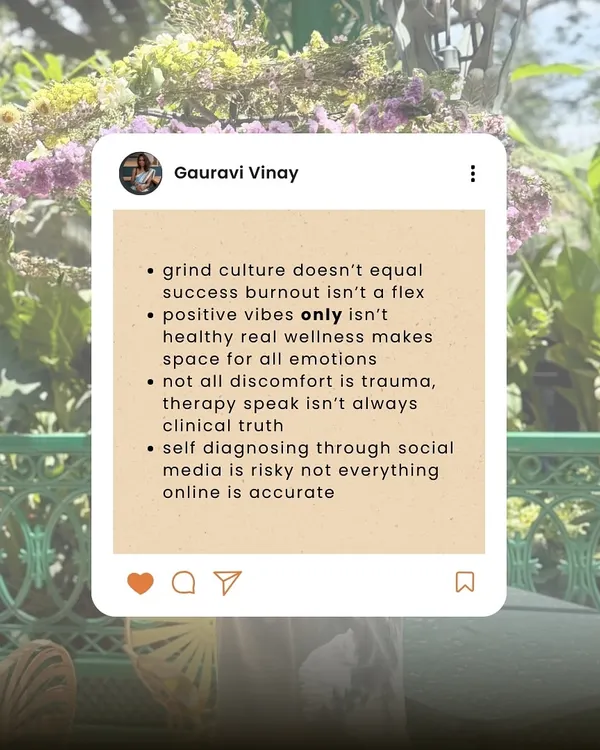 A graphic debunking wellness myths like "grind culture" and "positive vibes only," advocating for a more realistic approach to well-being.