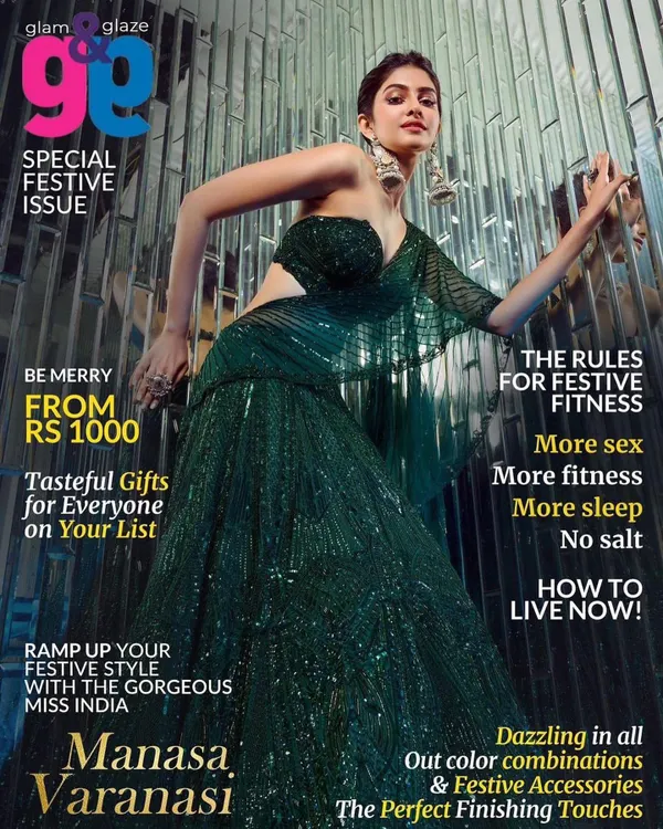 The final cover shot for G&G Magazine's festive issue, featuring Miss India Manasa Varanasi. I styled this sequined emerald green lehenga with statement jhumkas to create a look of modern opulence.