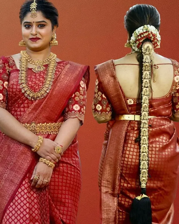This is the quintessential South Indian bridal look I love to create. It features flawless HD makeup that enhances her features, paired with a classic red Kanjivaram saree, traditional temple jewellery, and an intricate floral braid that completes the timeless Muhurtham look.
