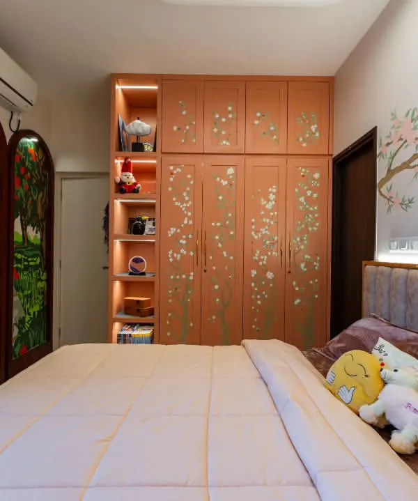 Step into this little wonderland from Project Sakura. Hand-painted apple orchard murals and blooming cherry blossoms on the wardrobes create a space where storytelling and style blend seamlessly.