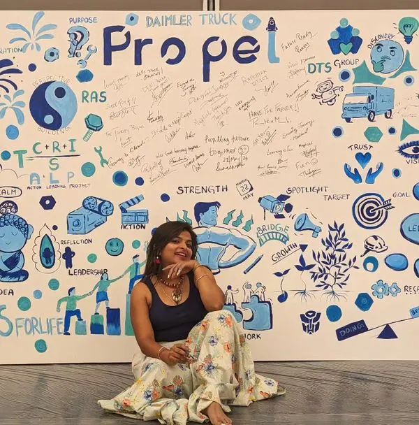 This was a massive 12-foot canvas I painted for a Daimler Truck corporate event. I love the challenge of a huge, blank space and filling it with doodles and graphics that tell a company's story. This project was all about transformation, leadership, and teamwork.