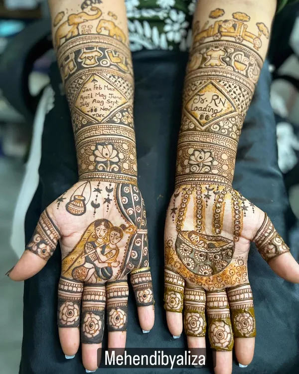 A beautiful baby shower mehendi featuring a portrait of the couple and a baby cradle. It's a sweet way to celebrate the little one on the way.
