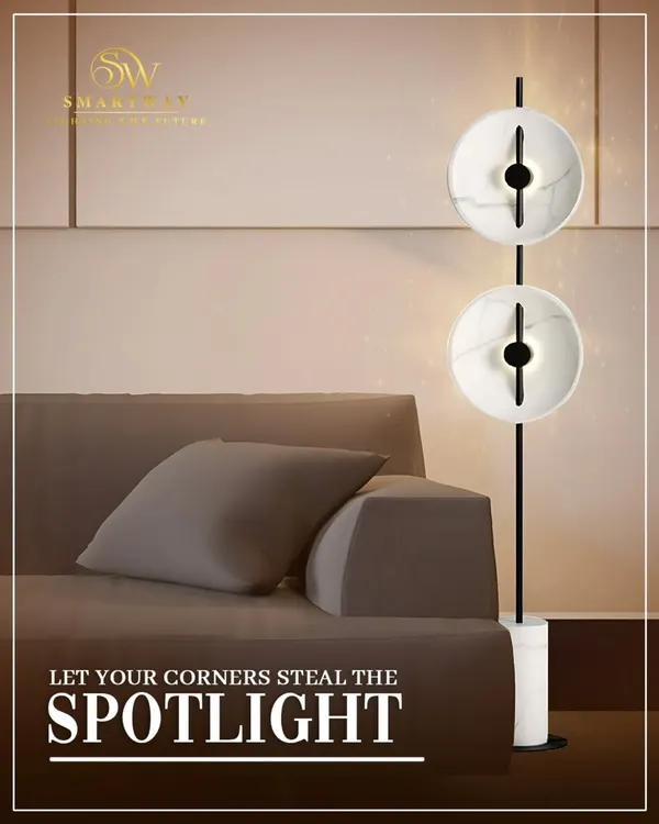 Let your corners steal the spotlight with this modern floor lamp. The two marble-effect discs provide a soft, ambient glow, making it a statement piece for any living room.
