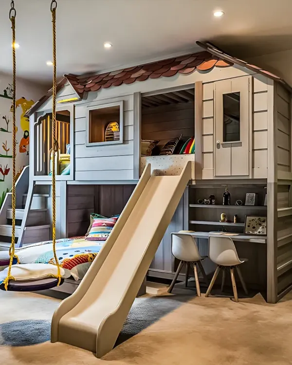 A child's ultimate dream room, this design features a custom-built playhouse bed with a slide, swings, and an integrated two-person study desk. It's a space that combines sleep, study, and endless fun.