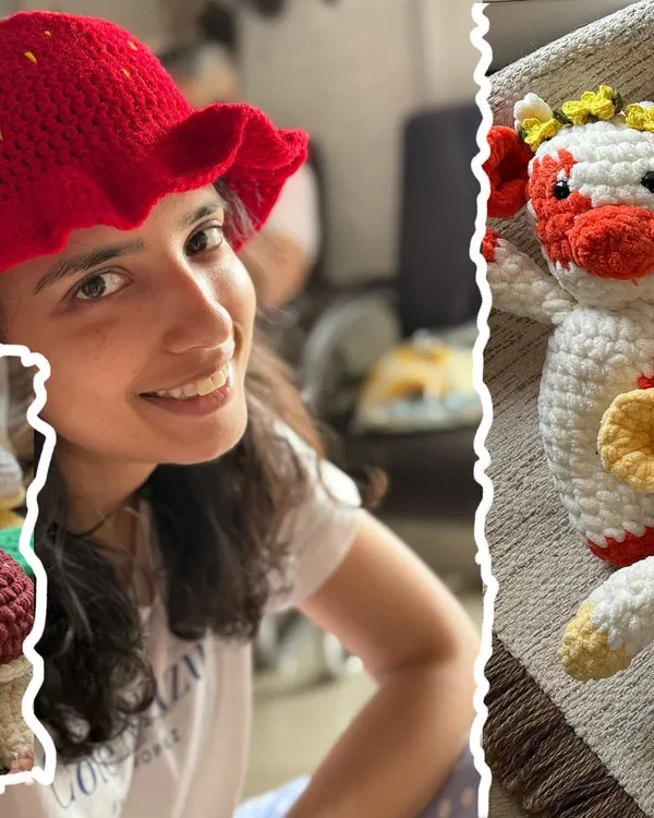 A collage showcasing the range of our custom crochet gifts, from adorable cow plushies and strawberry hats to everlasting flower bouquets. Each item is handmade with love, ready to make your moments special.