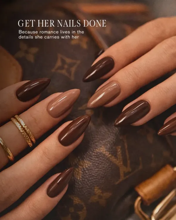 This is my signature 'expensive' nail look. I used a custom blend of mocha and deep chocolate tones on these almond-shaped acrylic extensions for a finish that is both classic and on-trend. Romance really does live in the details.