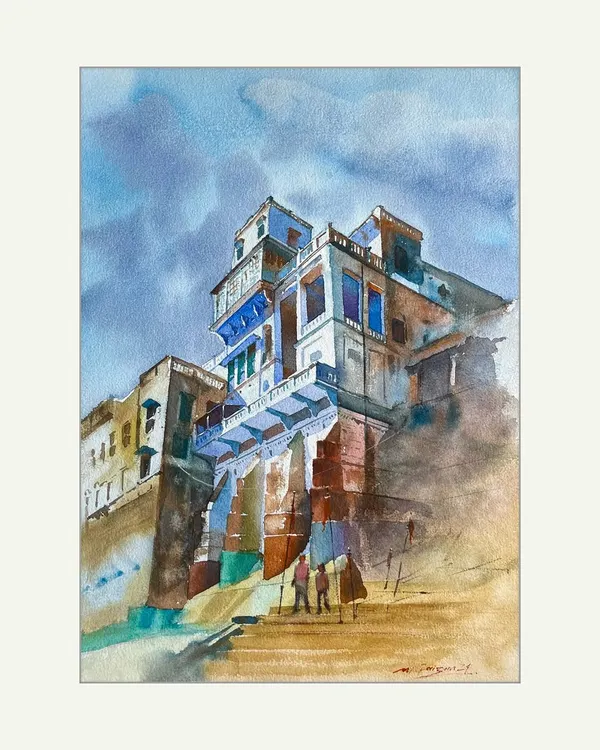 A watercolour landscape of Varanasi. I used a limited palette to capture the morning light hitting the ancient buildings and the deep shadows of the ghats, creating a sense of peace and timelessness.