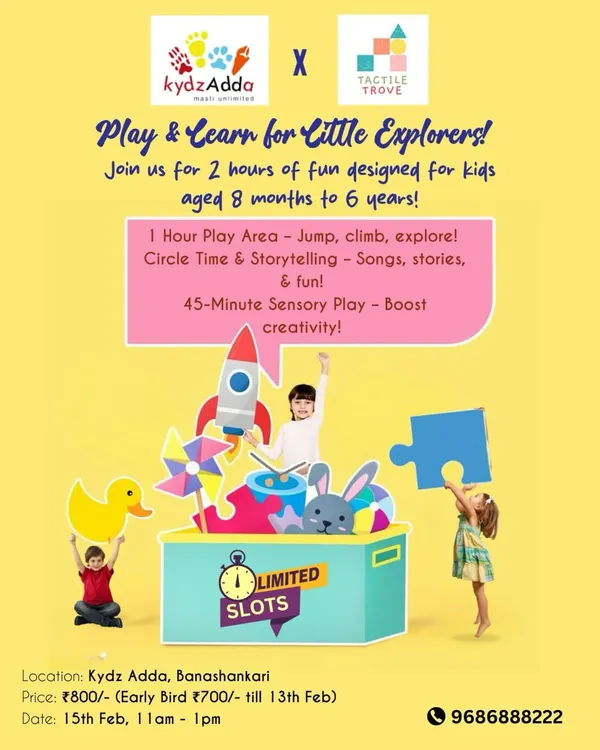 Our promotional flyer for the "Play & Learn for Little Explorers" session, detailing the schedule which includes playtime, circle time, and sensory activities for kids aged 8 months to 6 years.