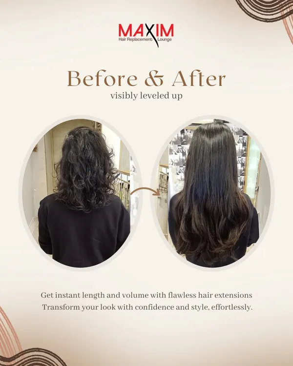 This before and after showcases a dramatic increase in length and fullness. We transformed her wavy, mid-length hair into a long, sleek style that looks effortlessly healthy and chic.