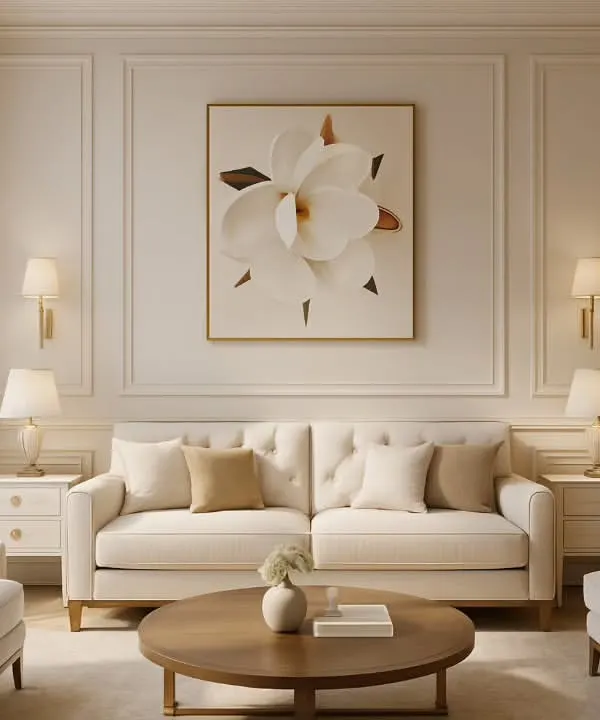 This neoclassical living room is a masterclass in symmetry and subtle luxury. I used soft cream tones, refined wall paneling, and carefully chosen accents to create a space that feels polished, inviting, and timelessly elegant.