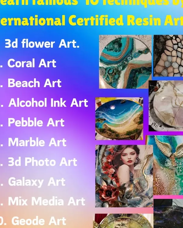 Join my full professional resin art course and learn 10 main techniques, including 3D photo art, pebble art, marble art, and more. This comprehensive workshop is available both online and offline in Delhi, with lifetime recording access provided.