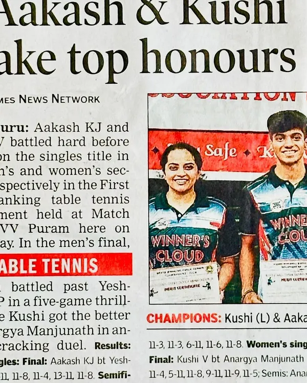 A proud feature in the Times News Network. This article, "Aakash & Kushi take top honours," celebrates their singles titles in the first state-ranking tournament of the year.