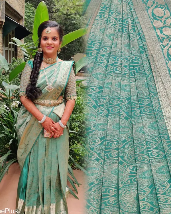 A happy bride is the most beautiful bride. For this look, we focused on clean, defined pleats to complement her intricate hairstyle and jewelry, creating a timeless and elegant bridal style.