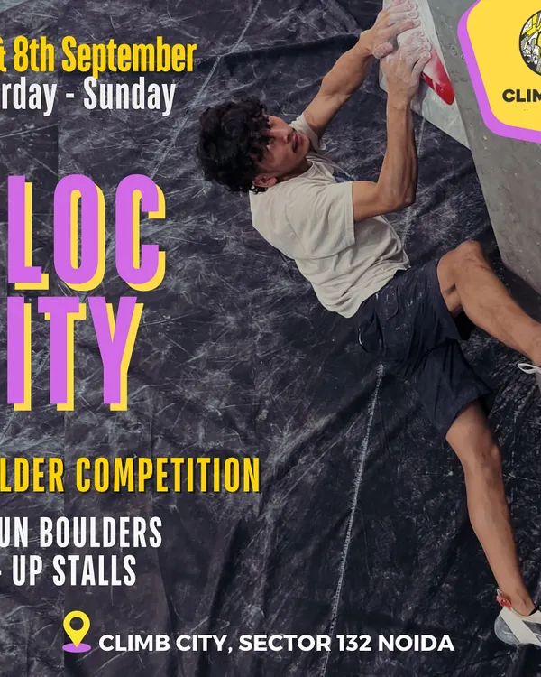 Here is the official poster for our Bloc City Boulder Competition. It shows a climber in action, giving you a feel for the dynamic challenges you can expect. We pack the event with 30 fun boulder problems and pop-up stalls from our partners.