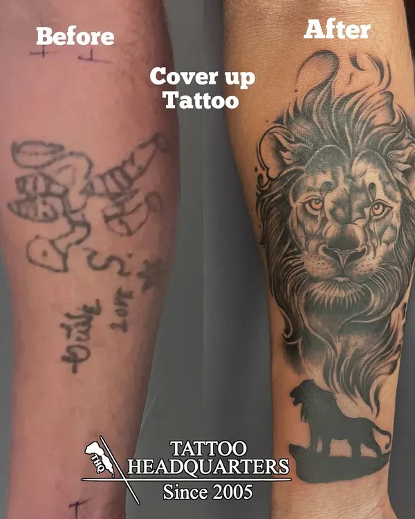 A powerful transformation. We specialize in cover-up tattoos, turning old ink you no longer connect with into a bold new piece, like this realistic lion design.
