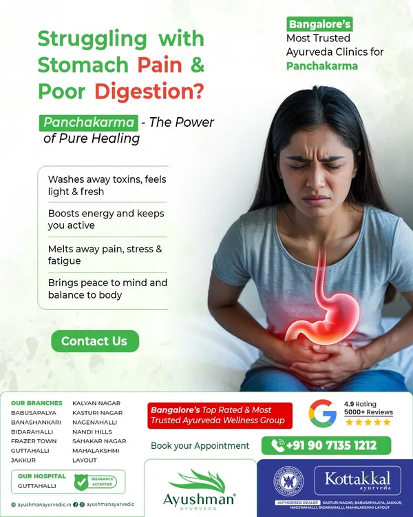 This image explains how Panchakarma, the power of pure healing, can resolve stomach pain and poor digestion. It details the benefits of this deep detoxification process, including washing away toxins, boosting energy, and melting away stress.