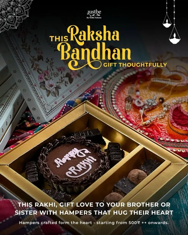 This Raksha Bandhan hamper is a perfect example of how I create gifts from the heart. It features a rich, sugar-free chocolate cake with "Happy Rakhi" written on it, alongside my signature chocolate Mud Bites, all nestled in a beautiful, reusable gift box. It’s a complete package of love.