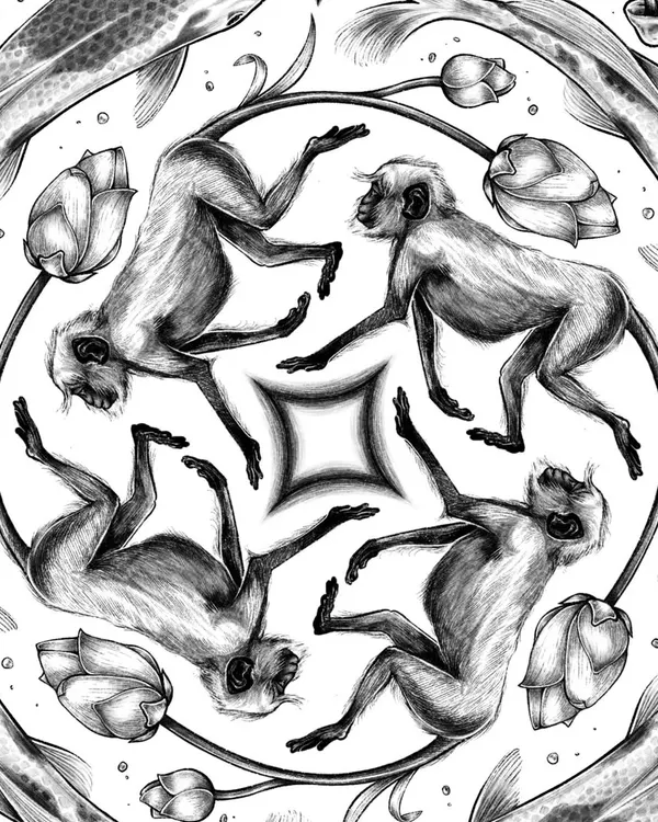A close-up of the 'Forest of Enchantment' mandala, showing the four langurs at the center. The symmetrical design creates a sense of balance and harmony.