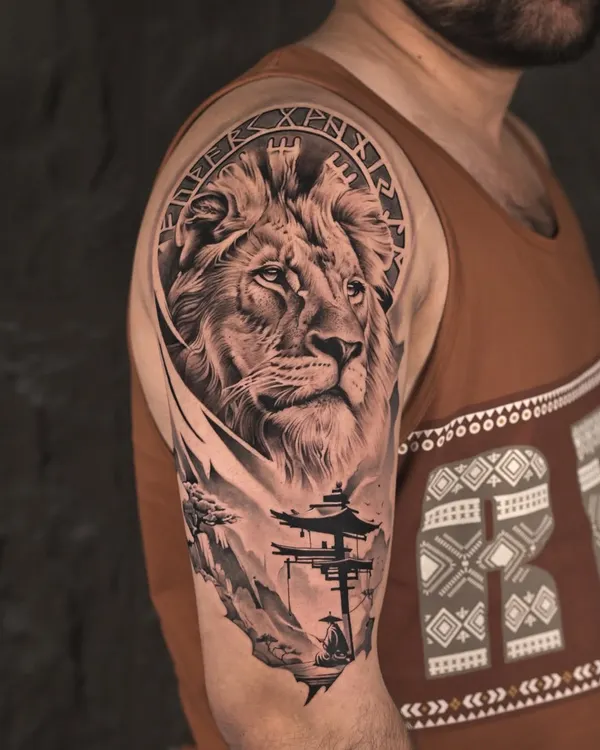 The king of the jungle, captured in stunning black and grey realism. This lion portrait uses intricate shading to detail every strand of fur in the mane, creating a look of nobility and power.