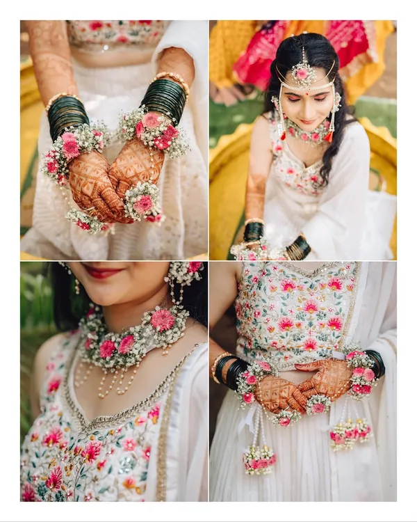 A collage showcasing the bride's beautiful floral jewelry for her Haldi ceremony. These detail shots capture the vibrant colors and intricate designs of her accessories.