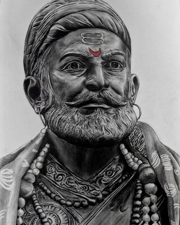 This is my pencil and charcoal portrait of Chhatrapati Shivaji Maharaj. I focused on creating a realistic sketch that captures his strength and vision, paying close attention to the details in his expression and the texture of his attire. A touch of color on the tilak completes the piece.