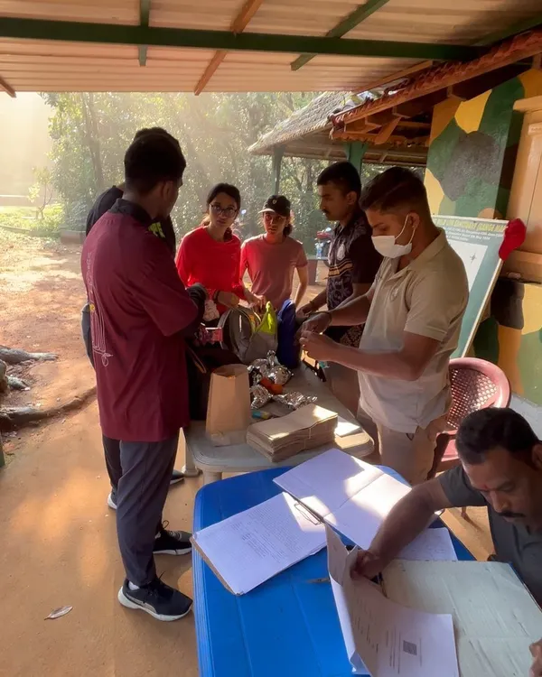 Our trekkers at a forest department checkpoint for the Kumara Parvatha trek. All plastic items are checked and accounted for to ensure nothing is left behind on the trail.