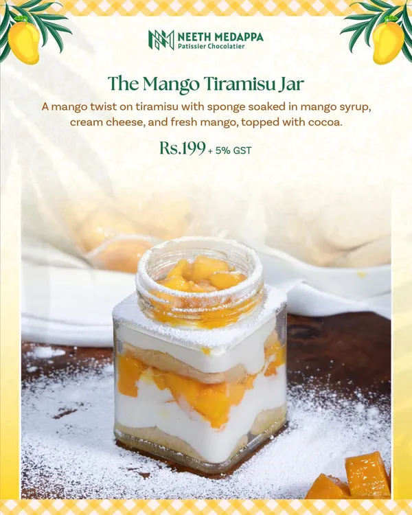 My Mango Tiramisu Jar is a seasonal favourite. It's a tropical twist on the Italian classic, with sponge soaked in mango syrup, layered with cream cheese and fresh mango, and topped with cocoa.