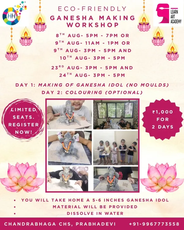 My eco-friendly Ganesha making workshop is a festive favorite. This flyer details the two-day process where you learn to sculpt and paint your own idol from scratch, using only water-soluble materials.