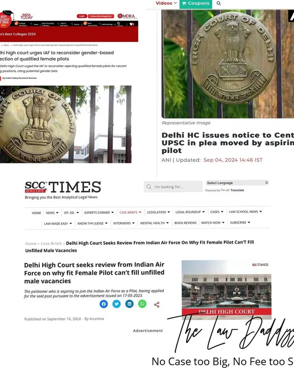 A collage of news articles covering our fight for a female pilot candidate in the Indian Air Force. The Delhi High Court took note of our argument that qualified women should be considered for vacancies that could not be filled by male candidates, a crucial step towards breaking gender barriers in the armed forces.