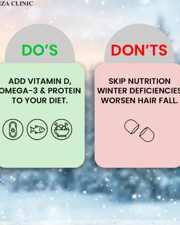 Winter can be harsh on your hair. We advise adding Vitamin D, Omega-3, and protein to your diet and not skipping nutrition, as deficiencies can worsen hair fall during colder months.