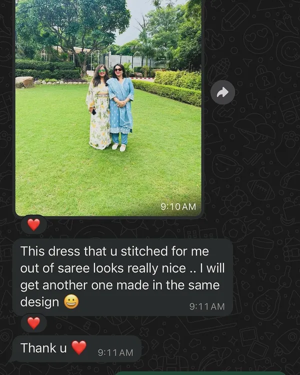 This is why I do what I do. A screenshot of a happy client's message after receiving her dress made from an upcycled saree. Her excitement is my greatest reward.
