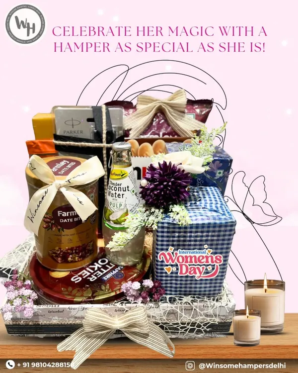 Celebrate her magic with a hamper as special as she is. This Women's Day hamper is filled with treats, a refreshing drink, and a scented candle.