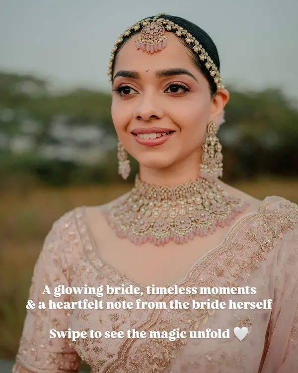 A glowing bride, timeless moments, and a heartfelt note. This is your sign to go for a soft and radiant bridal glam in a beautiful blush pink lehenga.