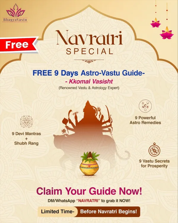 My free Navratri Special Astro-Vastu Guide. To help you make the most of the nine divine nights, I offer a complimentary guide. It includes 9 Devi Mantras, 9 powerful astro remedies, and 9 Vastu secrets for prosperity that you can easily follow.