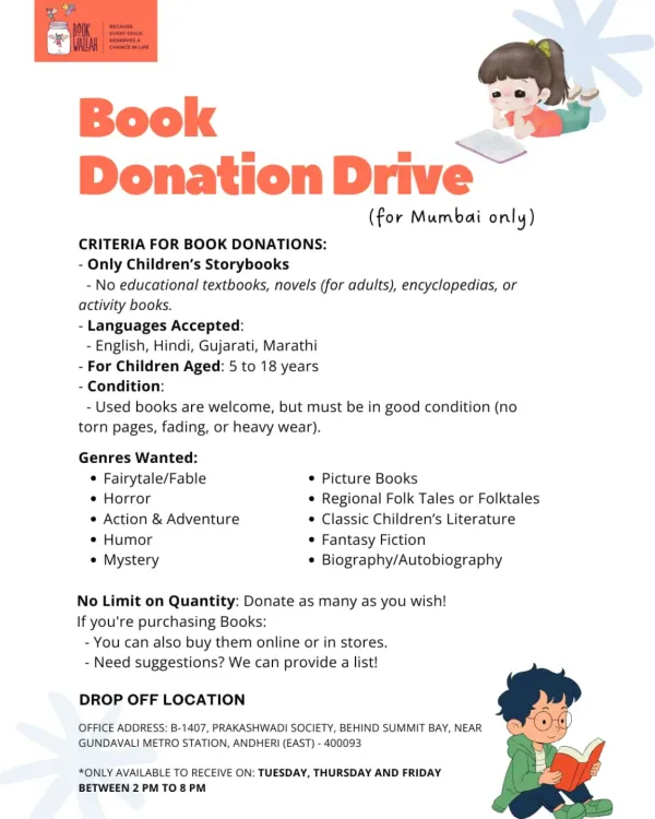 Your pre-loved children's storybooks can bring a smile to a child's face. This poster from our Mumbai book donation drive shows the specific genres and languages we need to fill our new libraries in Ahmedabad.