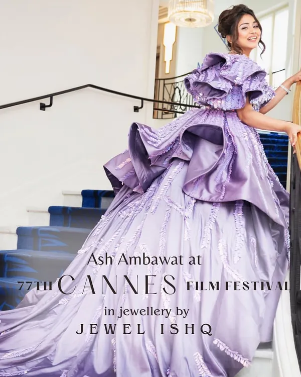 A full-length view of the breathtaking look we created for the 77th Cannes Film Festival. The lavender gown's grandeur is perfectly balanced by our elegant diamond necklace, bracelet, and a striking blue sapphire ring, proving that the right jewellery completes the masterpiece.