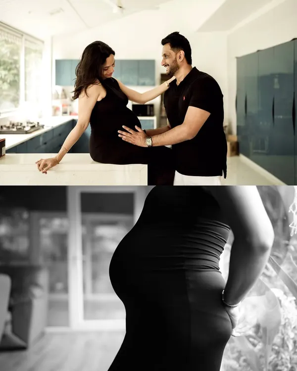 A collage showing an intimate indoor session. It features a tender moment between the couple in their kitchen and a beautiful black and white silhouette of the baby bump.