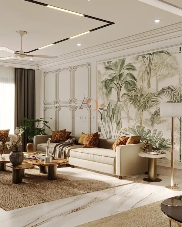 I believe a living room should be a sanctuary of comfort and style. This space combines plush seating, a dramatic tropical wallpaper, and intricate wall mouldings to create an atmosphere of sophisticated calm. The layered lighting and marble flooring complete this look of modern luxury.