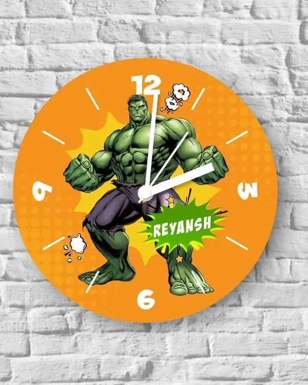 For the little superhero fan, this custom clock features the Hulk. I can add your child's name, like 'Reyansh' here, to make it their very own.