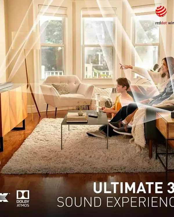 Experience ultimate 3D sound with the JBL Bar 9.1. This image illustrates how Dolby Atmos and DTS:X technology create overhead sound effects, making you feel like you're right in the middle of the action, just like in a real movie theater.